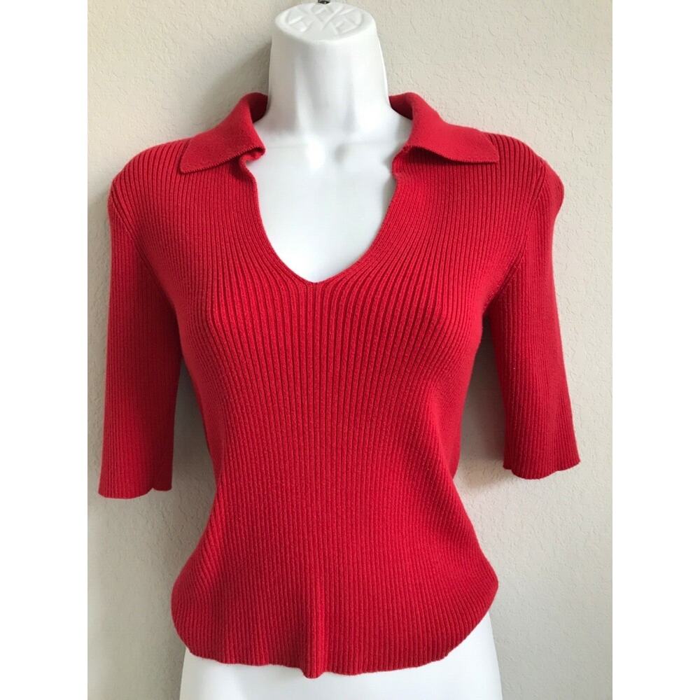 EUC Kenneth Cole Reaction Womens Red Cotton Blend Collared V-Neck Sz Small Shirt